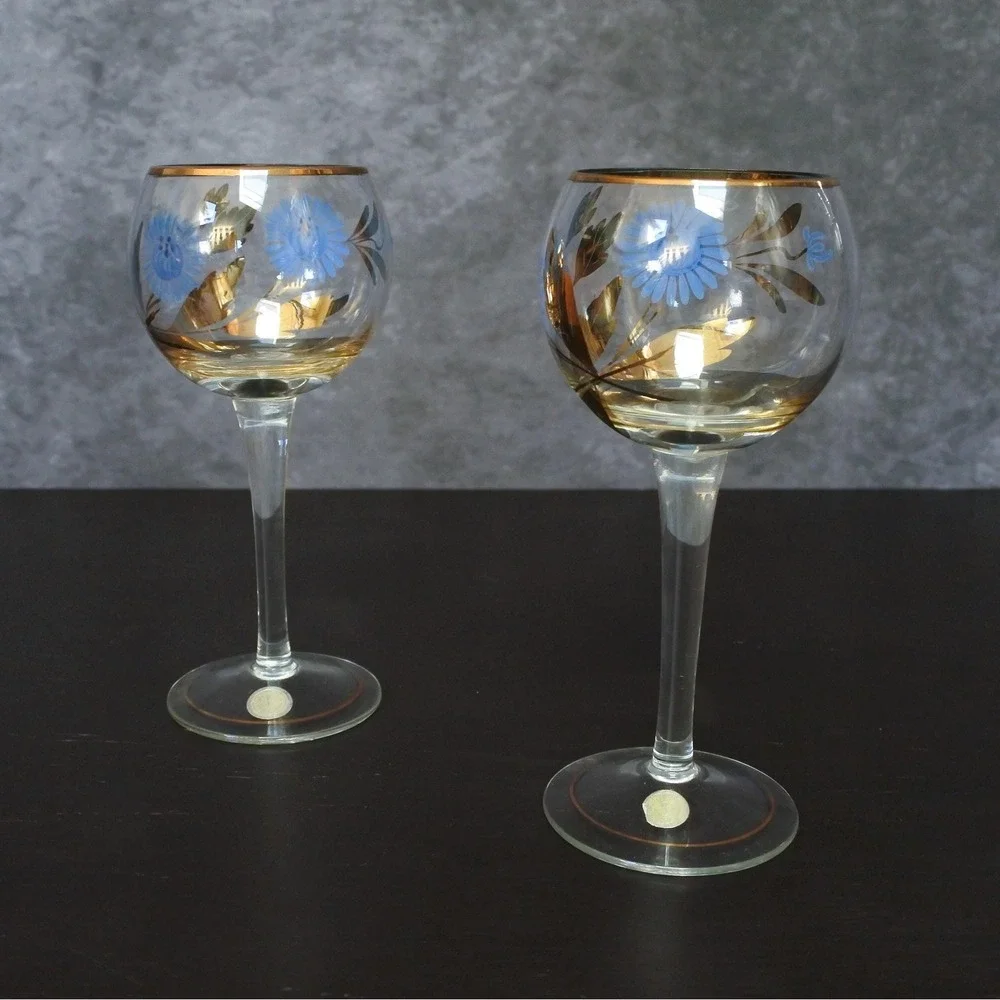 Vintage Romanian Hand Painted Blue Floral Gold Leaf Cordial Glasses Pair